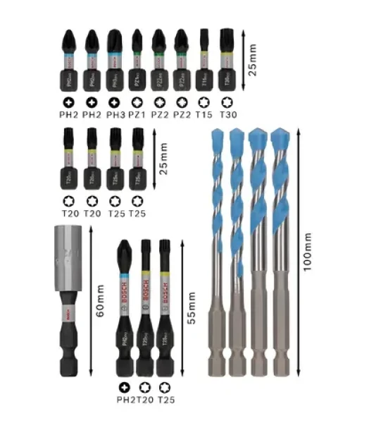BOSCH Sada bitov a vrtákov Multi Construction PRO Impact / 20 dielov / PH2, PZ2, T15, T20, T25, T30 / Vrtáky 5-8 mm (2608521U83)
