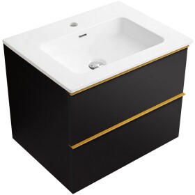 CERANO - Kúpeľňová skrinka Velora - čierna matná, úchytka zlatá + keramické umývadlo Novo - biela lesklá - 61x54,5x46,5 CER-979899