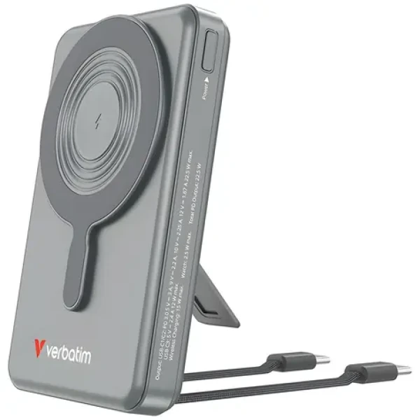 Verbatim Charge 'n' Go 2C sivá / Magnetická bezdrôtová powerbanka / 10 000 mAh / MagSafe / integrované káble USB-C (32272)