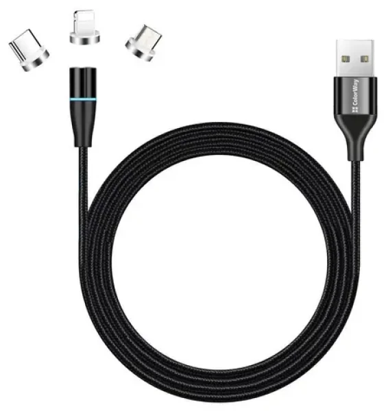 Colorway / Nabíjací kábel 3v1 / Lightning + Micro-USB + USB-C / Magnetický / QC3.0 / 2,4 A / 1 m (CW-CBUU038-BK)