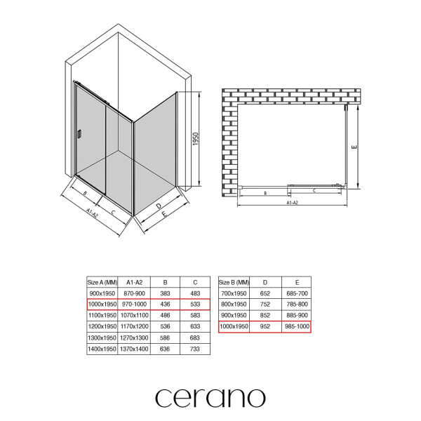 CERANO - Sprchovací kút Varone LINE Ľ/P - 6 mm - čierna matná, transparentné sklo - 100x100x195 - posuvný CER-DY505B-90-196