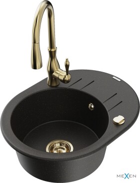 MEXEN/S MEXEN/S - Kevin granitový drez 1 s odkvapkávačom vrátane batérie Savita, čierna/zlatá metalik 6517-75-672601-50