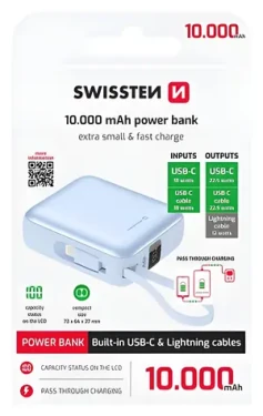 Swissten Space 10000 mAh modrá / Powerbanka s integrovanými káblami / USB-C + Lightning