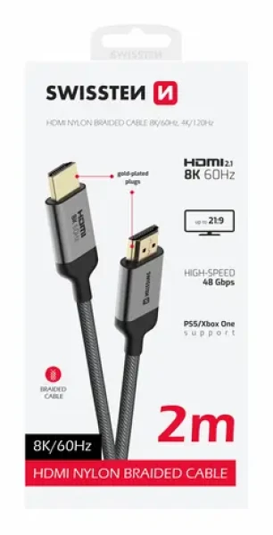 Swissten Kábel HDMI 2.1 (M) - HDMI 2.1 (M) 2m čierna / 48 Gbps / 8K / 60Hz / pozlátené kontakty (75501201)