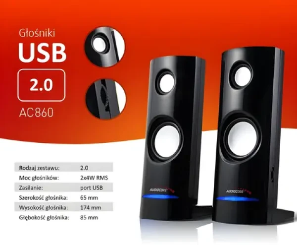 Počítačové reproduktory AC860 čierne / Reproduktory / 2.0 / 4W RMS / USB napájanie / Jack 3.5mm (AC860)