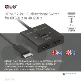 Club3D CSV-1384 čierna / Switch HDMI / 2v1 obojsmerný / 8K 60Hz / 4K 120Hz / HDMI 2.1 (CSV-1384)