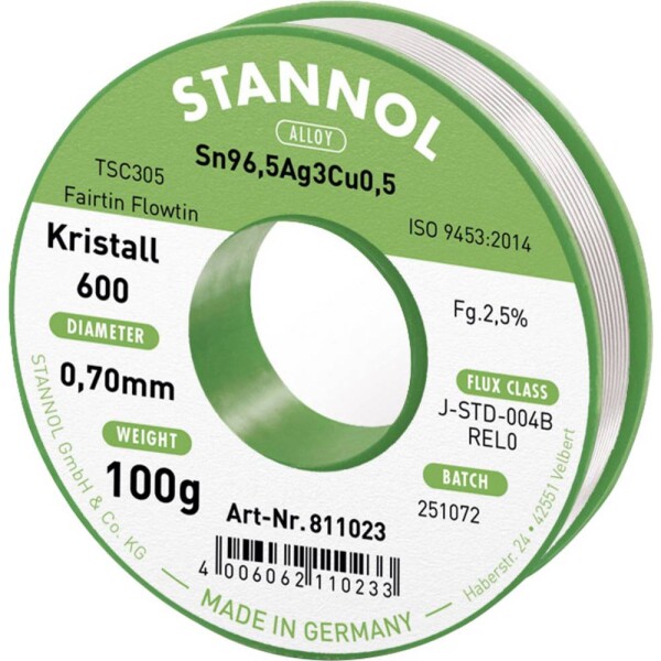 Stannol Kristall 600 Fairtin spájkovací cín bez olova bez olova Sn96,5Ag3Cu0,5 REL0 100 g 0.7 mm; 811023