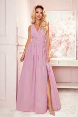 Dlouhé dámské šaty v pudrově růžové barvě s výstřihem a zavazováním S model 17002029 - numoco