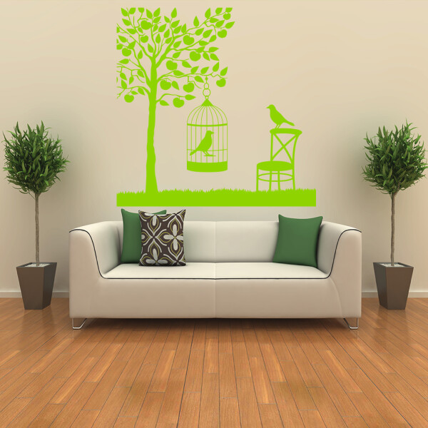 Veselá Stena Samolepka Vtáčik v klietke Farba: zelená, Veľkosť: 80 x 80 cm