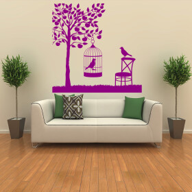 Veselá Stena Samolepka Vtáčik v klietke Farba: fialová, Veľkosť: 80 x 80 cm