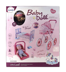 Mamido Mamido Bábika bábätko s výbavou 9v1 - bábika, kočík, postieľka, autosedačka a doplnky