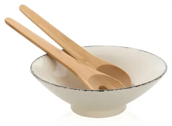 Ukiyo Šalátová misa s bambusovým príborom biela / Šalátová misa / keramika / 25,5 cm / bambus 32 cm