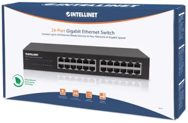 Intellinet 24portový Gigabit switch čierna / Switch / 24× RJ-45 10/100/1000 / Rack 19" / Desktop / Kov / 48 Gbit / s (561273)