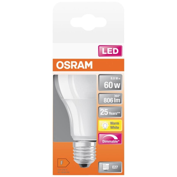 OSRAM 4058075433861 LED En.trieda 2021 F (A - G) E27 klasická žiarovka 8.8 W = 60 W teplá biela (Ø x d) 60 mm x 108 mm 1 ks; 4058075433861