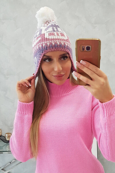 Rosa dámska čiapka s bambulou K368 fialová+biela+tmavoružová UNI