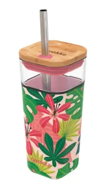 Quokka Sklenený cestovný hrnček so slamkou Liquid Cube Pink Jungle Flora 540 ml (40057QO)