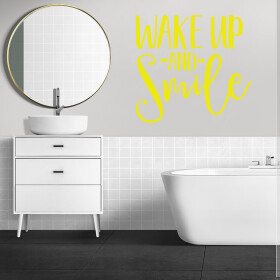 Veselá Stena Samolepka Nápis Wake up and Smile Farba: žlutá, Veľkosť: 60 x 56 cm