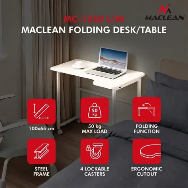 Maclean MC-1250 L/W biela / Skladací stôl / mobilný / 100x65 cm / rohový, L-tvar / nosnosť 50 kg (MC-1250 L/W)