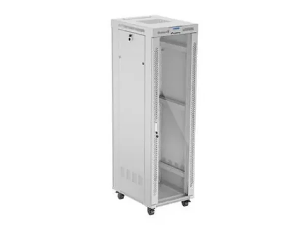 Lanberg FF01 42U/600x800 sivá / Stojanový rozvádzač / sklenené dvere / LCD panel / nosnosť 1200 kg / Flat Pack (FF01-6842-12SL)