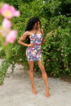 Sexy Bandeau-minidress with flower-print and belt denimblue 34