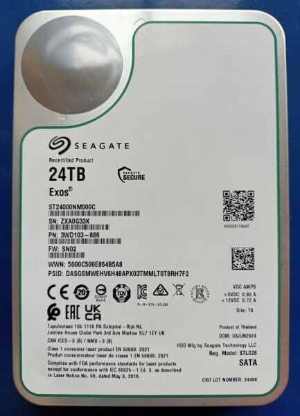 Seagate Refurbished Seagate Exos Harddisk ST24000NM000C-FR 24TB SATA-600 7200rpm - FACTORY REFURBISHED
