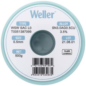 Weller WSW SAC L0 spájkovací cín bez olova cievka Sn3,0Ag0,5Cu 500 g 0.5 mm; T0051387099