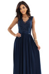 215-6 LEA dlhé elegantné maxi šaty s čipkovaným vrchom a rozparkom na nohách - tmavomodré S
