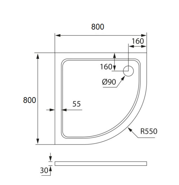 H K - THOR Sprchová vanička z liateho mramoru, štvrťkruh, R550 80x80x3 cm SE-THOR-80Q