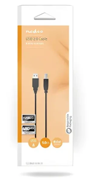 Nedis USB 2.0 kábel čierna / Kábel USB / USB-A - USB-B / 480 Mbps / 5 m (CCGB60100BK50)