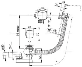Alcadrain 1 - Alcadrain Sifón vaňový automat s napúšťaním prepadom pre hrubostenné vane, kov A565KM3-80 A565KM3-80