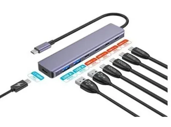 Platinet HUB 7in1 hliníkový / USB-C hub / 4X USB-C 3.2 Gen2 10Gbps / 2x USB-A 3.2 Gen1 / USB-C PD 100W (PMH22)