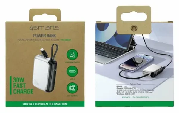 4smarts Pocket 10000mAh strieborná / Powerbanka / 30W / vstavaný USB-C kábel 15cm / displej (541085)