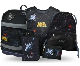 BAAGL SET 5 - Školský set Zippy PLUS Pixel Space: aktovka / peračník / vrecko / zástera / peňaženka (A-34956)