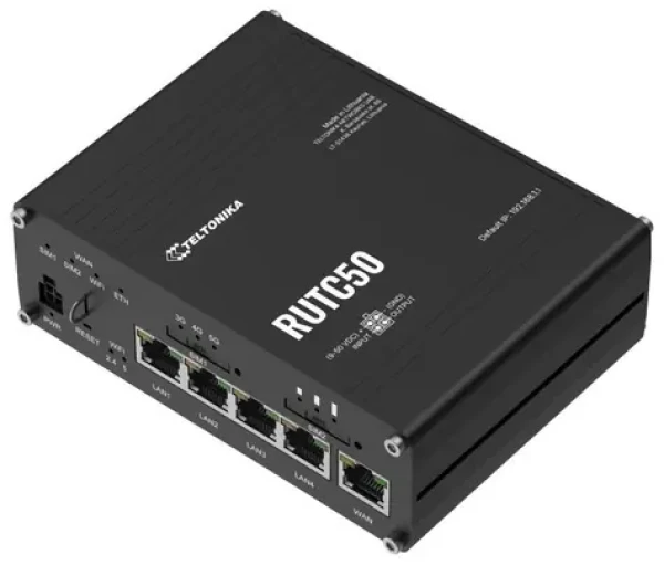 Teltonika RUTC50 / Router industriálny / 5G / 4G (LTE) / 3G / Wi-Fi 6 / 802.11ax / 4× RJ-45 LAN / 1× RJ-45 WAN / eSim (RUTC50210000)