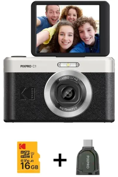 Kodak PixPro C1 čierna, sada s kartou 16GB a čítačkou / Fotoaparát / 13 MPx / 4X zoom / 2,8" výklopný LCD (SB11425)