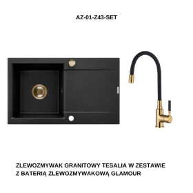 INVENA INVENA - Granitový drez TESALIA dlhý odkvap, čierny s automatickým sifónom, zlatý + batéria GLAMOUR AZ-01-Z43-SET