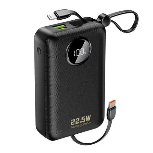 Dudao K14+ 20000mAh čierna / Powerbanka / USB-C / USB-A / vstavané káble Lightning / USB-C / 22.5W