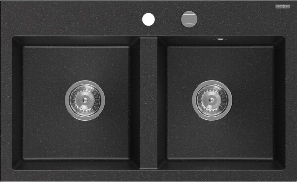 MEXEN MEXEN - Hektor granitový drez 2-bowl 800 x 480 mm, čierna/strieborná metalík, sifón chróm 6521802000-73