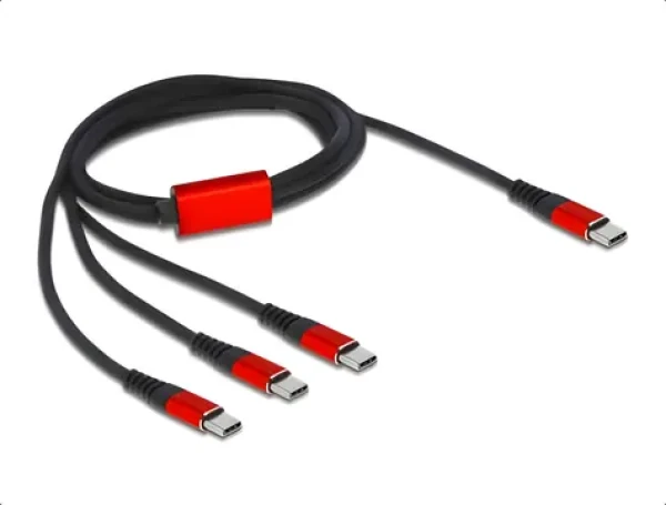 DeLock 3v1 USB-C čierna, červená / Nabíjací kábel / USB-C na 3x USB-C / 1 m / USB 2.0 (86713)