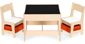 ECOTOYS Detský drevený stôl s dvoma stoličkami Prírodný / Detský nábytok / MDF doska s tabuľou a úložnými priehradkami (ZKC-1C)