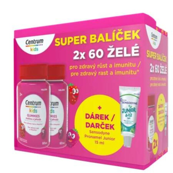 CENTRUM Kids gummies malina a jahoda želé s vitamínmi a minerálmi + darček zubná pasta set