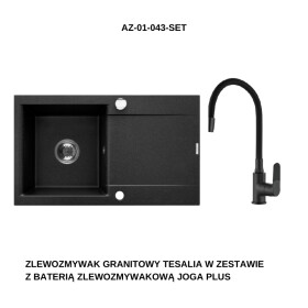 INVENA INVENA - Granitový drez TESALIA dlhý odkvap, čierny s automatickým sifónom, chróm + batéria JOGA PLUS AZ-01-043-SET