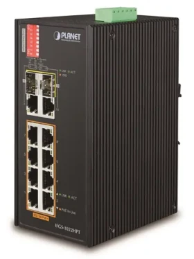 Planet IFGS-1022HPT / Switch priemyselný / 8x 100Mb PoE+ / 2x 1Gb SFP / 802.3at 240W / -40 až 75 ° C / IP30 (IFGS-1022HPT)
