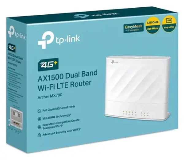 TP-LINK Archer MX700 / 4G+ LTE router / Wi-Fi 6 / Dual-Band / 2.4GHz 300Mbps / 5GHz 1201Mbps / 4X GLAN / Nano SIM (Archer MX700)