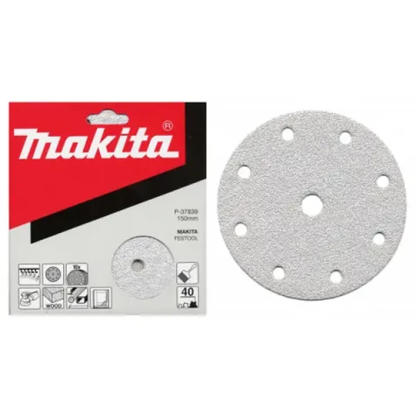 Makita P-37910 / Brúsny papier na drevo | kov | kameň / Zrnitosť 240 / Priemer 150 mm / 9 otvorov / 10 ks (P-37910)