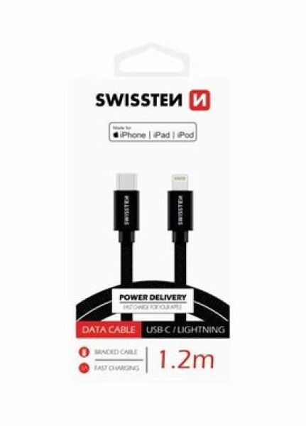 SWISSTEN TEXTILE dátový kábel USB-C - LIGHTNING MFi 1.2m čierna (71526201)