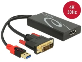 DeLock Kábel DVI-D + USB (M) na DisplayPort 1.2 (F) čierna / 0,3 m / 4K 3840×2160 / HDCP (62596)