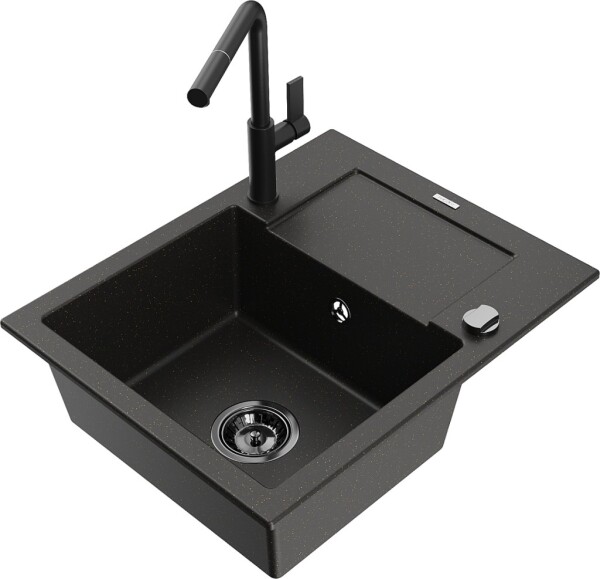 MEXEN/S MEXEN/S - Enzo granitový drez 1-miska s odkvapkávačom vrátane batérie Flora, čierna/zlatá metalik 6506-75-670401-70-B