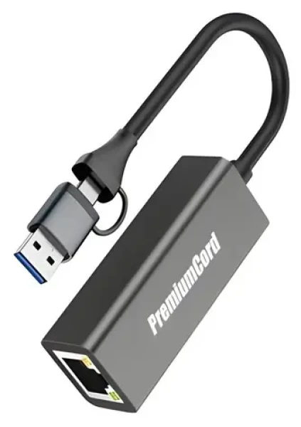 PremiumCord adaptér USB-C a USB-A na Gigabit RJ45 čierna / Adaptér / 10/100/1000 Mbit / 15 cm / hliníkové púzdro (8592220027773)
