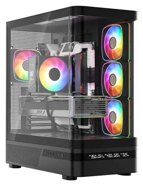 Modecom Volcano AQ200 ARGB čierna / Skriňa / ATX / 1x USB-C 3.2 / LED displej / tvrdené sklo / bez zdroja (MC-A-AQ200-4FA-B)